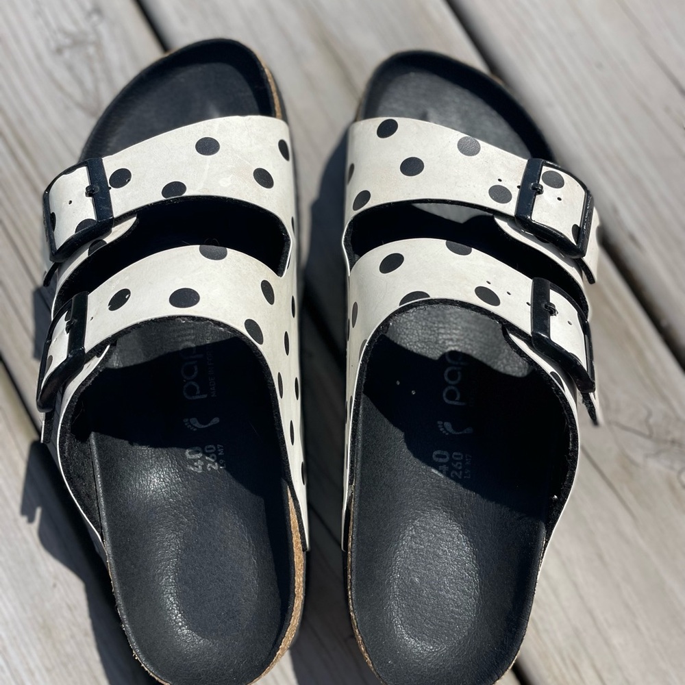 Birkenstock Papillio leather Polka Dot black and White Sandals 40 gently used